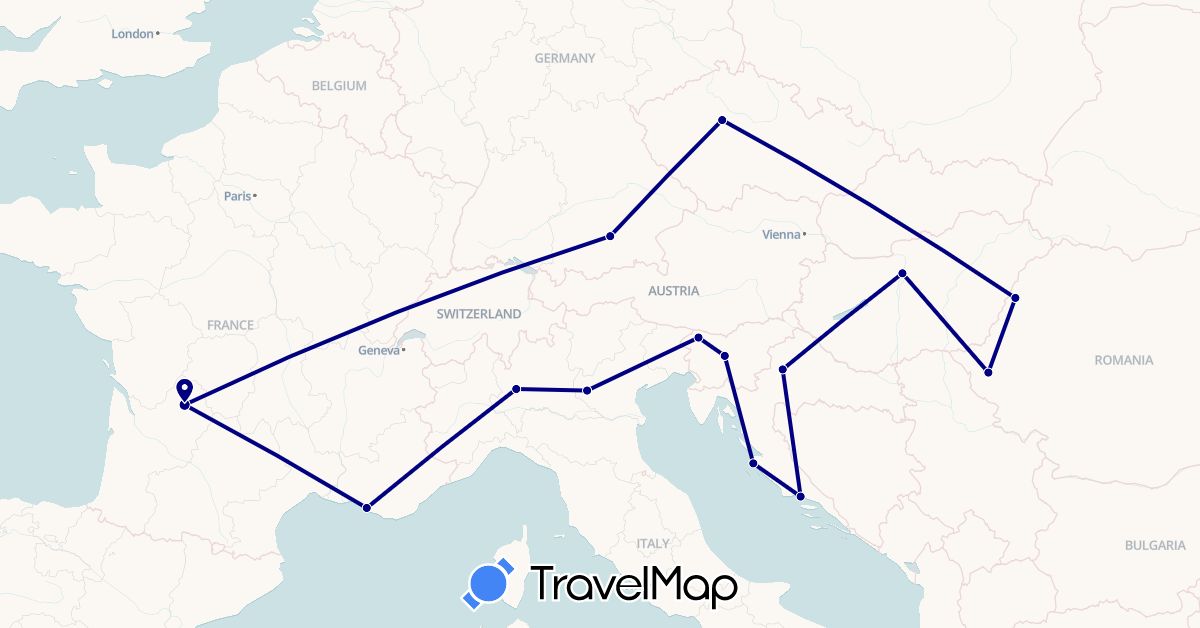 TravelMap itinerary: driving in Czech Republic, Germany, France, Croatia, Hungary, Italy, Romania, Slovenia (Europe)
